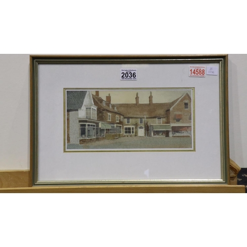 2036 - Alan Oliver (b. 1937): watercolour, Oakham Market Place, unsigned, artists label verso, image 28 x 1... 