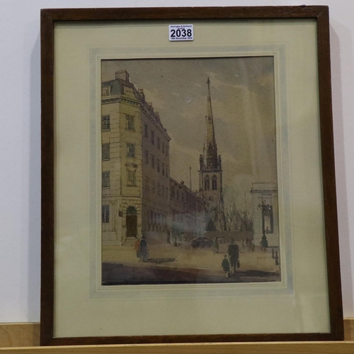 2038 - C R A Davies (20th century): watercolour, Christchurch before the Demolition of the Spire (Southport... 