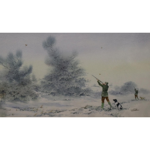 2052 - Trevor Parkin (b.1935): pair of watercolours, pheasant shooting, each image 36 x 20cm, overall 54 x ... 