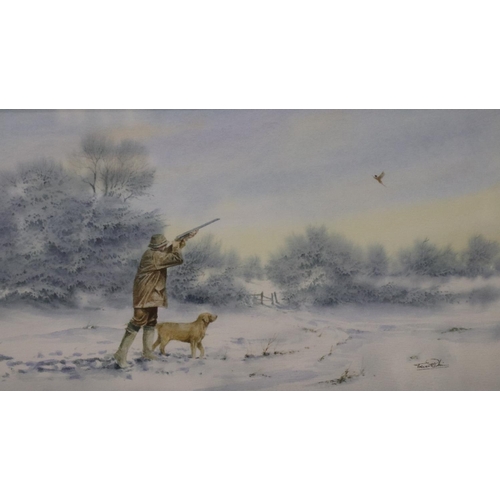 2052 - Trevor Parkin (b.1935): pair of watercolours, pheasant shooting, each image 36 x 20cm, overall 54 x ... 