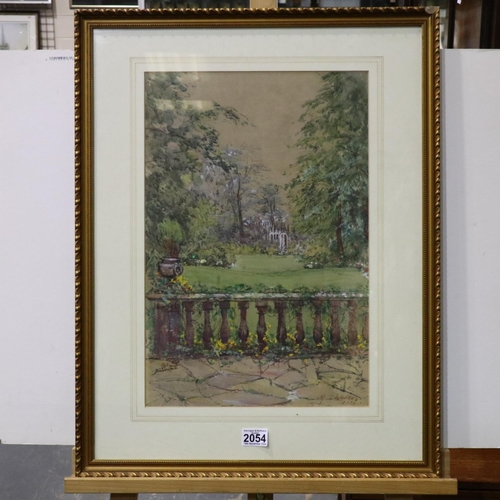 2054 - M Walker (19th/20th century): watercolour, garden veranda, dated 1912, image 33 x 49cm, overall 54 x... 