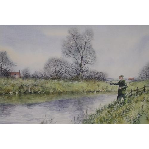 2057 - Trevor Parkin (b.1935): two watercolours, fishing at a riverbank and geese in flight, largest overal... 