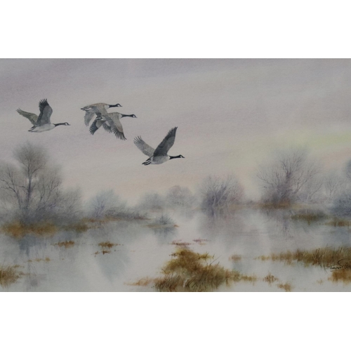 2057 - Trevor Parkin (b.1935): two watercolours, fishing at a riverbank and geese in flight, largest overal... 