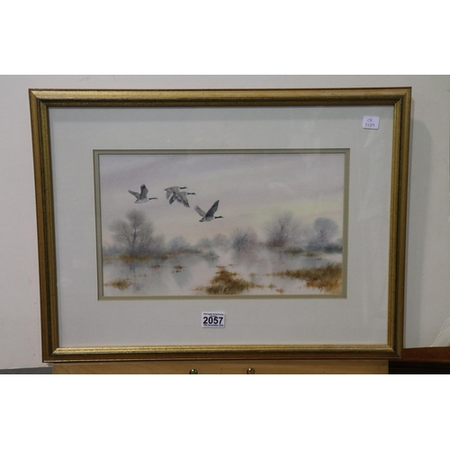 2057 - Trevor Parkin (b.1935): two watercolours, fishing at a riverbank and geese in flight, largest overal... 