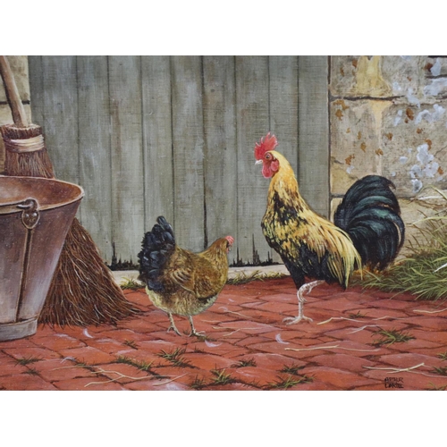 2064 - Arthur Lokie (b.1948): oil on board, rooster and hen in a yard, image 24 x 19cm, overall 36 x 60cm. ... 