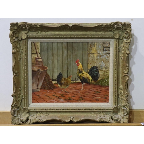 2064 - Arthur Lokie (b.1948): oil on board, rooster and hen in a yard, image 24 x 19cm, overall 36 x 60cm. ... 