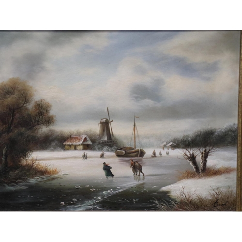 2065 - 20th century Dutch school oil on board, skating on a frozen river, indistinctly signed, image 23 x 1... 