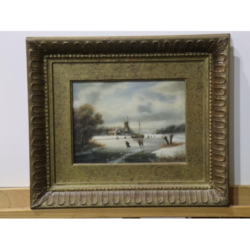 2065 - 20th century Dutch school oil on board, skating on a frozen river, indistinctly signed, image 23 x 1... 