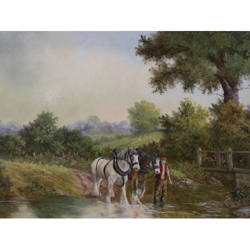 2067 - Peter Kotka (b.1951): oil on board, Horses in a Ford by a Footbridge, image 29 x 19cm, overall 44 x ... 