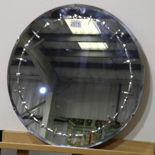 2075 - Mid 20th century circular wall mirror with cut border, frameless with suspension chain, D: 51 cm. No... 