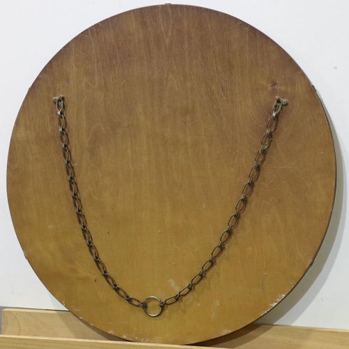 2075 - Mid 20th century circular wall mirror with cut border, frameless with suspension chain, D: 51 cm. No... 