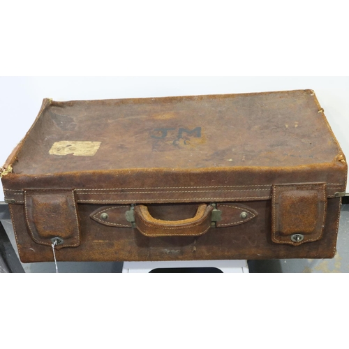 2095 - Early 20th century distressed brown leather suitcase, painted initials J M to lid, by Sam Tat Leathe... 