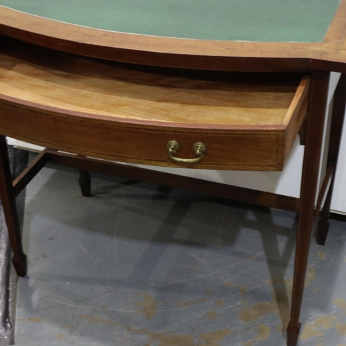 2103 - Harrods 1940s desk with leather top on a stretchered base on spade feet and square tapering supports... 