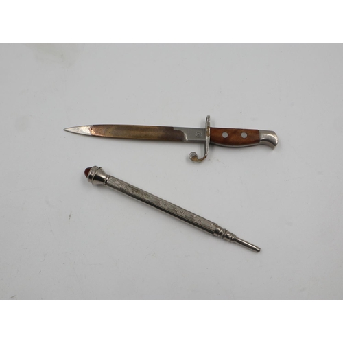 100E - Ypres wooden handled bayonet letter opener and a white metal pencil. UK P&P Group 1 (£16+VAT for the... 