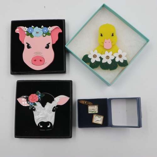 75 - Set of three Erstwilder brooches, duckling, pig and cow with a boxed pair of cufflinks, decorated wi... 