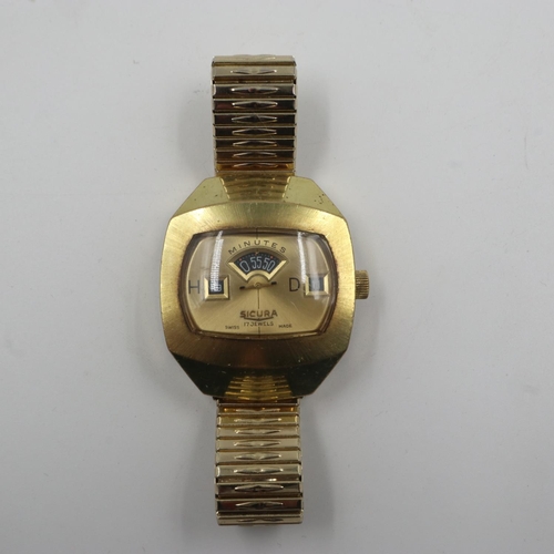 86 - SICURA: Gentleman's jump hour gold plated Swiss wristwatch, on an expanding bracelet, working at the... 