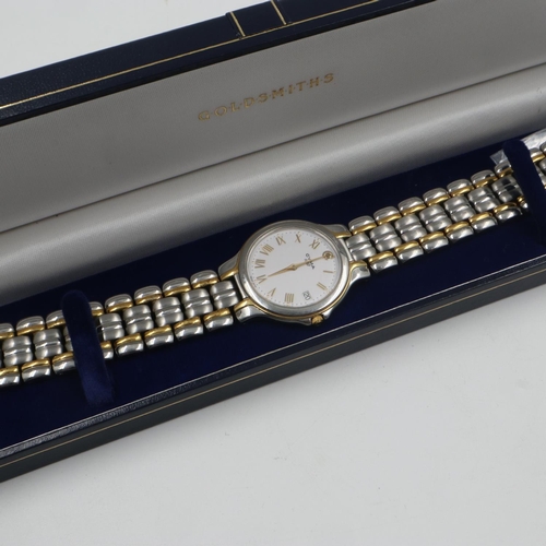 93 - CYMA: gents steel cased slim profile wristwatch, on a two-tone steel bracelet, requires battery, wit... 