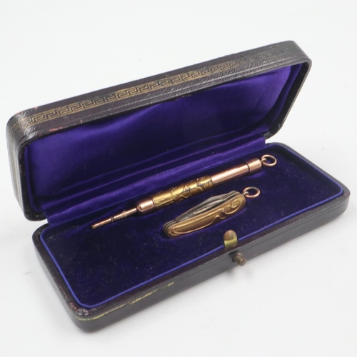 96 - Art Noveau cased copper and brass propelling pencil with matching miniature pen knife. UK P&P Group ... 