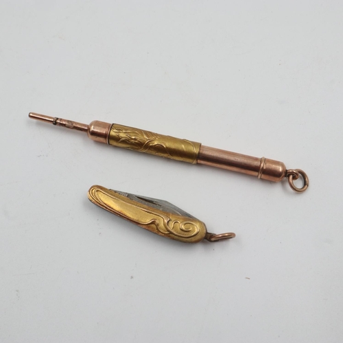 96 - Art Noveau cased copper and brass propelling pencil with matching miniature pen knife. UK P&P Group ... 