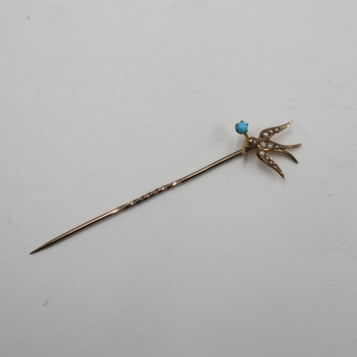 70 - 9ct gold pin with seed pearl and turquoise decorated swallow, 1.2g. UK P&P Group 1 (£16+VAT for the ... 