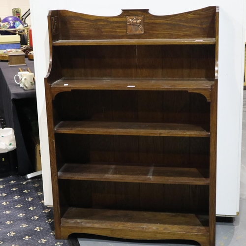 2106 - Oak five shelf bookcase with copper wildlife plaques, 94 x 27 x 134 cm. Not available for in-house P... 