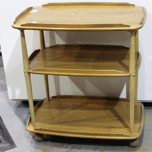 2108 - Ercol Elm golden dawn wheeled three tier trolley, 72 x 47 x 78 cm. Not available for in-house P&P