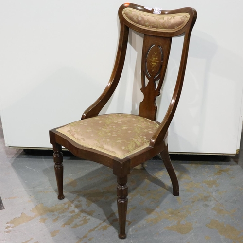 2109 - An Edwardian inlaid walnut salon chair, more recently upholstered, with swept and pierced backrest. ... 