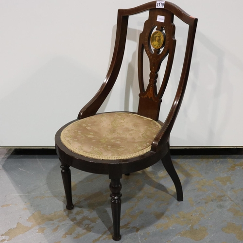 2110 - An Edwardian inlaid walnut salon chair, more recently upholstered (as previous lot), with swept and ... 