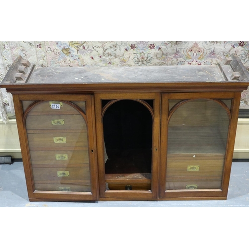 2120 - 19th century walnut microscope cabinet, fitted with drawers behind three doors, lacking all-but-one ... 