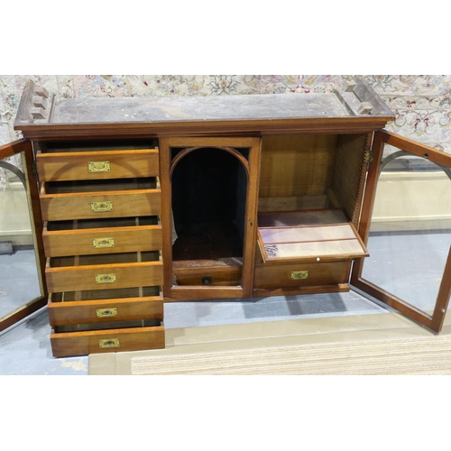 2120 - 19th century walnut microscope cabinet, fitted with drawers behind three doors, lacking all-but-one ... 