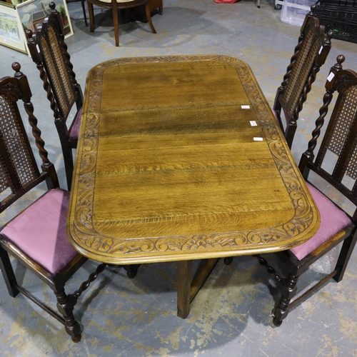 2121 - Jaycee oak drop leaf table with carved foliate border to table top, 150 x 91 x 73cmH, with a set of ... 