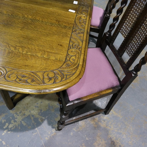 2121 - Jaycee oak drop leaf table with carved foliate border to table top, 150 x 91 x 73cmH, with a set of ... 