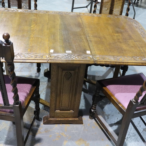 2121 - Jaycee oak drop leaf table with carved foliate border to table top, 150 x 91 x 73cmH, with a set of ... 