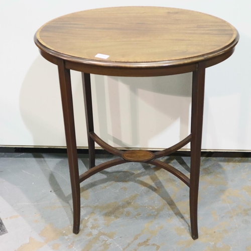 2130 - Edwardian inlaid walnut oval lamp table with crossbanded oval top, 66 x 47 x 72cmH. Not available fo... 