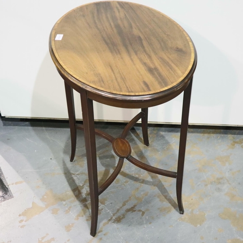 2130 - Edwardian inlaid walnut oval lamp table with crossbanded oval top, 66 x 47 x 72cmH. Not available fo... 