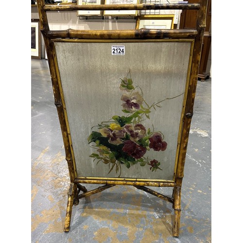 2124 - Early 20th century bamboo framed fire screen, with painted and textured glass panel, 46 x 80cm. Not ... 