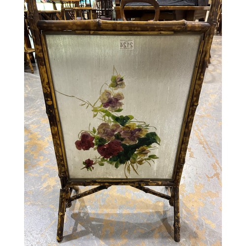 2124 - Early 20th century bamboo framed fire screen, with painted and textured glass panel, 46 x 80cm. Not ... 