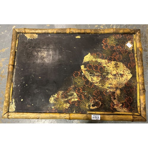 2124A - Late 19th / early 20th century bamboo framed lamp table, the top with painted and lacquered decorati... 