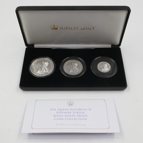 2003 - 2017 QEII Sapphire Jubilee Silver Proof Coin Collection, a three coin set in 925 silver, Tristan da ... 