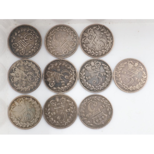 2030 - Ten Victorian silver three pences - circulated.  UK P&P Group 1 (£16+VAT for the first lot and £2+VA... 