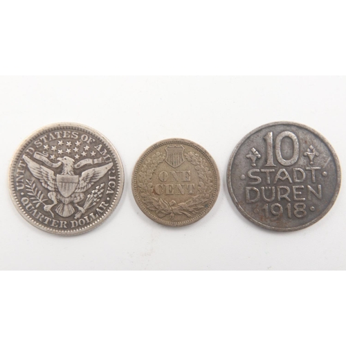 2039 - 1898 USA silver quarter-dollar, 1862 USA Indian-head cent and a 1918 German token (3). UK P&P Group ... 