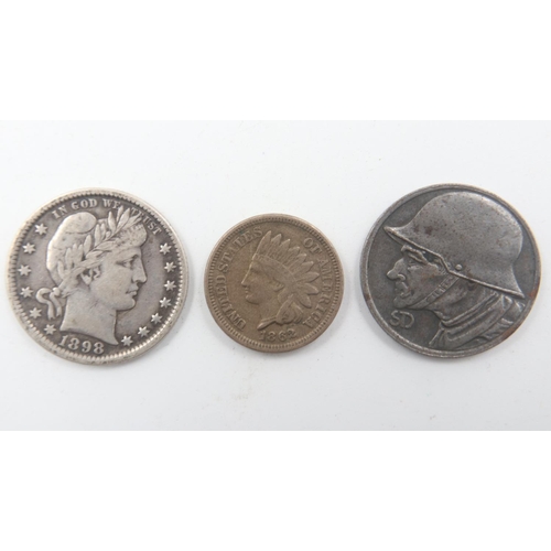 2039 - 1898 USA silver quarter-dollar, 1862 USA Indian-head cent and a 1918 German token (3). UK P&P Group ... 