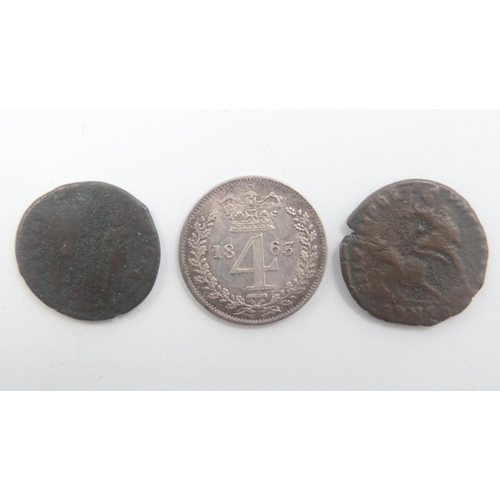 2041 - 1863 Maundy four pence of Queen Victoria and two Roman provincial units (3). UK P&P Group 0 (£6+VAT ... 