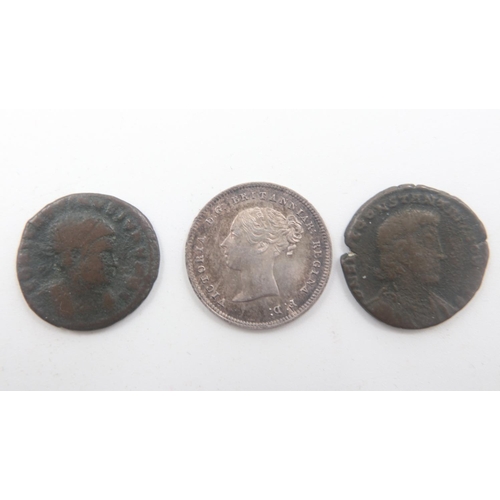 2041 - 1863 Maundy four pence of Queen Victoria and two Roman provincial units (3). UK P&P Group 0 (£6+VAT ... 