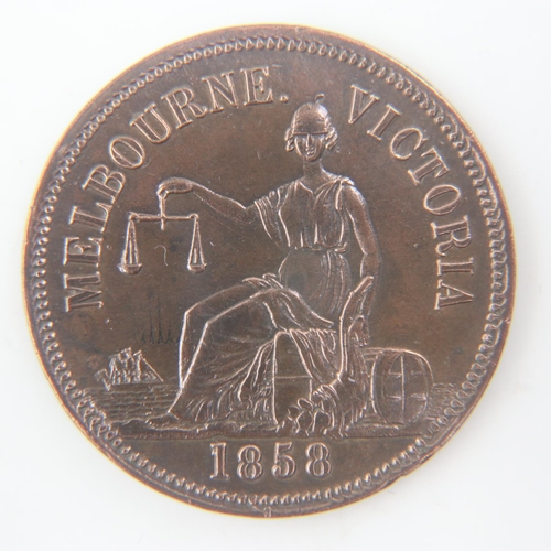 2241 - 1858 Melbourne Grocers penny token - EF.  UK P&P Group 0 (£6+VAT for the first lot and £1+VAT for su... 