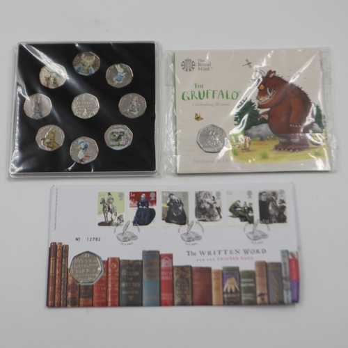 2283 - Uncirculated coins: the Gruffalo, Beatrix Potter decals (9) and a FDC 2005 50p. UK P&P Group 1 (£16+... 