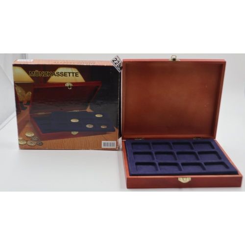 2284 - Wooden coin case with three trays to hold 36 crown sized coins. UK P&P Group 1 (£16+VAT for the firs... 