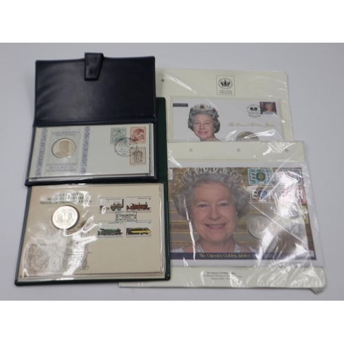 2278 - Medallic FDCs, including The Railway Sesquicentennial, Michelangelo 500th Anniversary and two QEII e... 