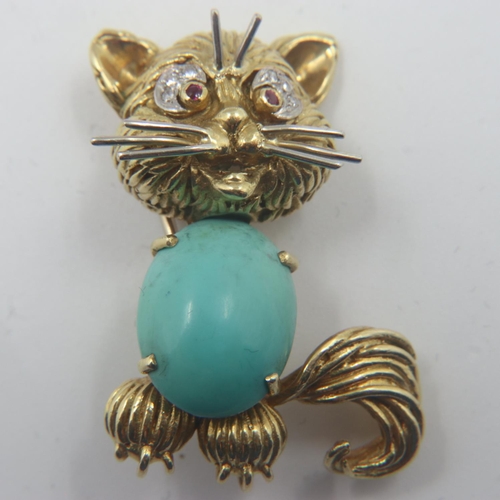 13 - Ben Rosenfeld 18ct gold, turquoise, ruby and diamond cat brooch, 17.4g. UK P&P Group 0 (£6+VAT for t... 