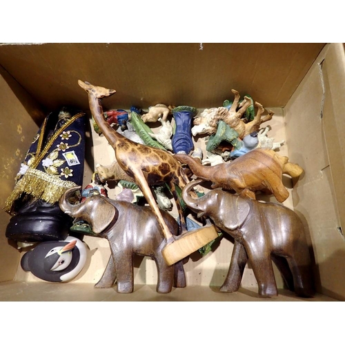 1026 - Box of mixed figurines, including wooden animal and nativity examples. Not available for in-house P&... 